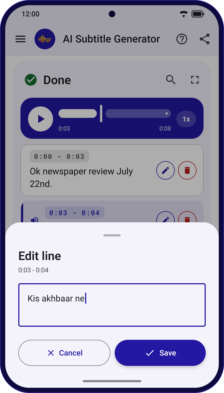 The Edit line sheet open on a subtitle from 0:03 to 0:04, with Cancel and Save buttons