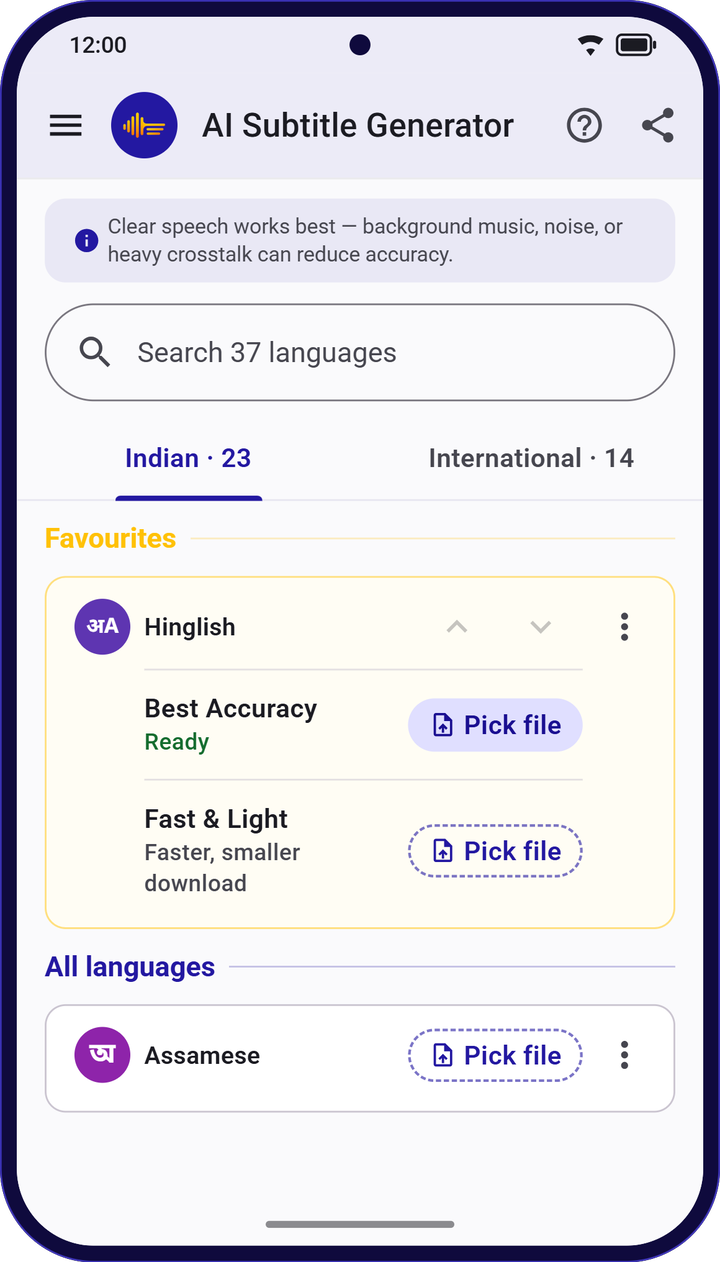 The home screen in light theme, with the Hinglish favourite and a search box for 37 languages