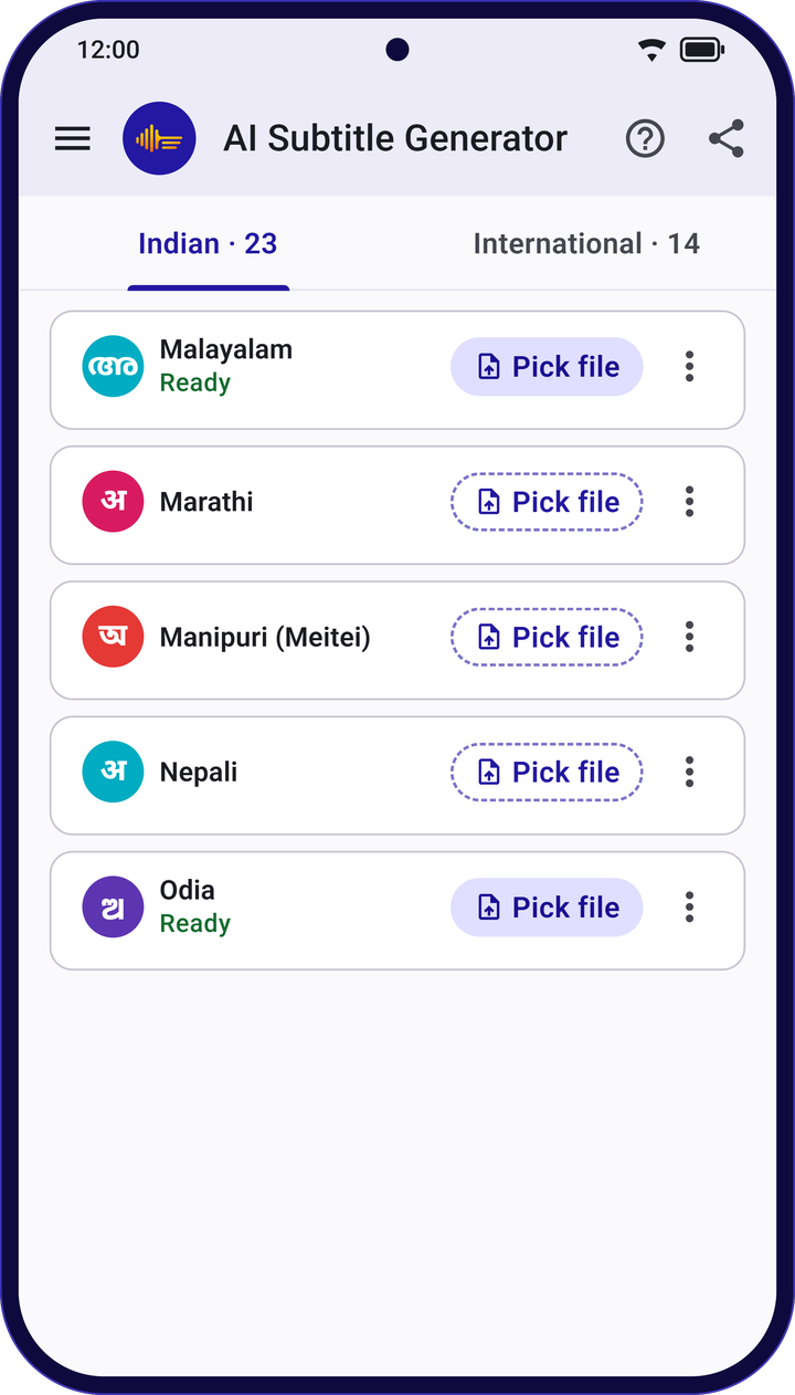 The Indian tab listing Malayalam, Marathi, Manipuri, Nepali and Odia, each with a Pick file button