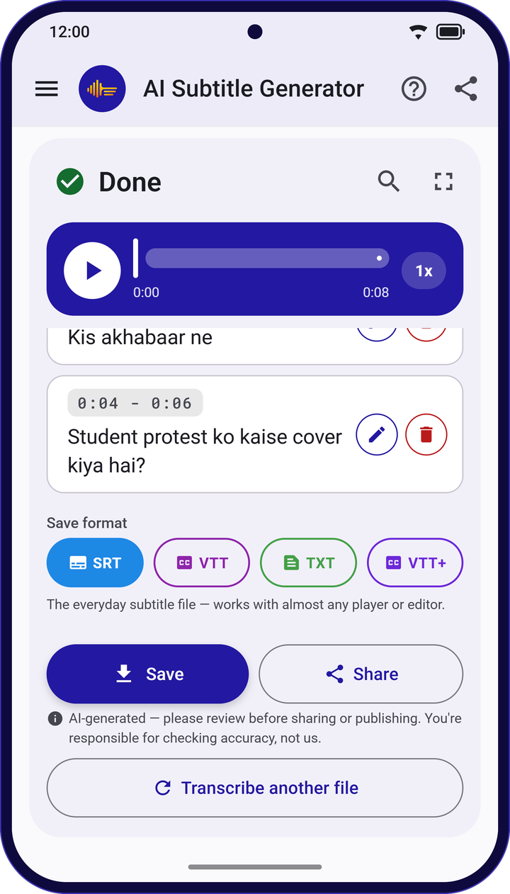 Save format choices SRT, VTT, TXT and VTT+ with Save and Share buttons