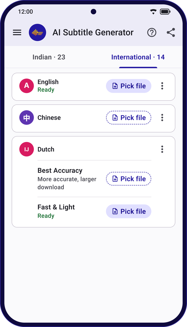 The International tab listing English, Chinese and Dutch, with Best Accuracy and Fast & Light choices