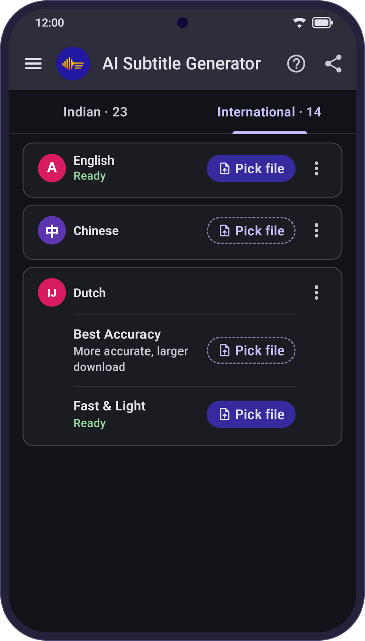 The International tab in dark theme listing English, Chinese and Dutch